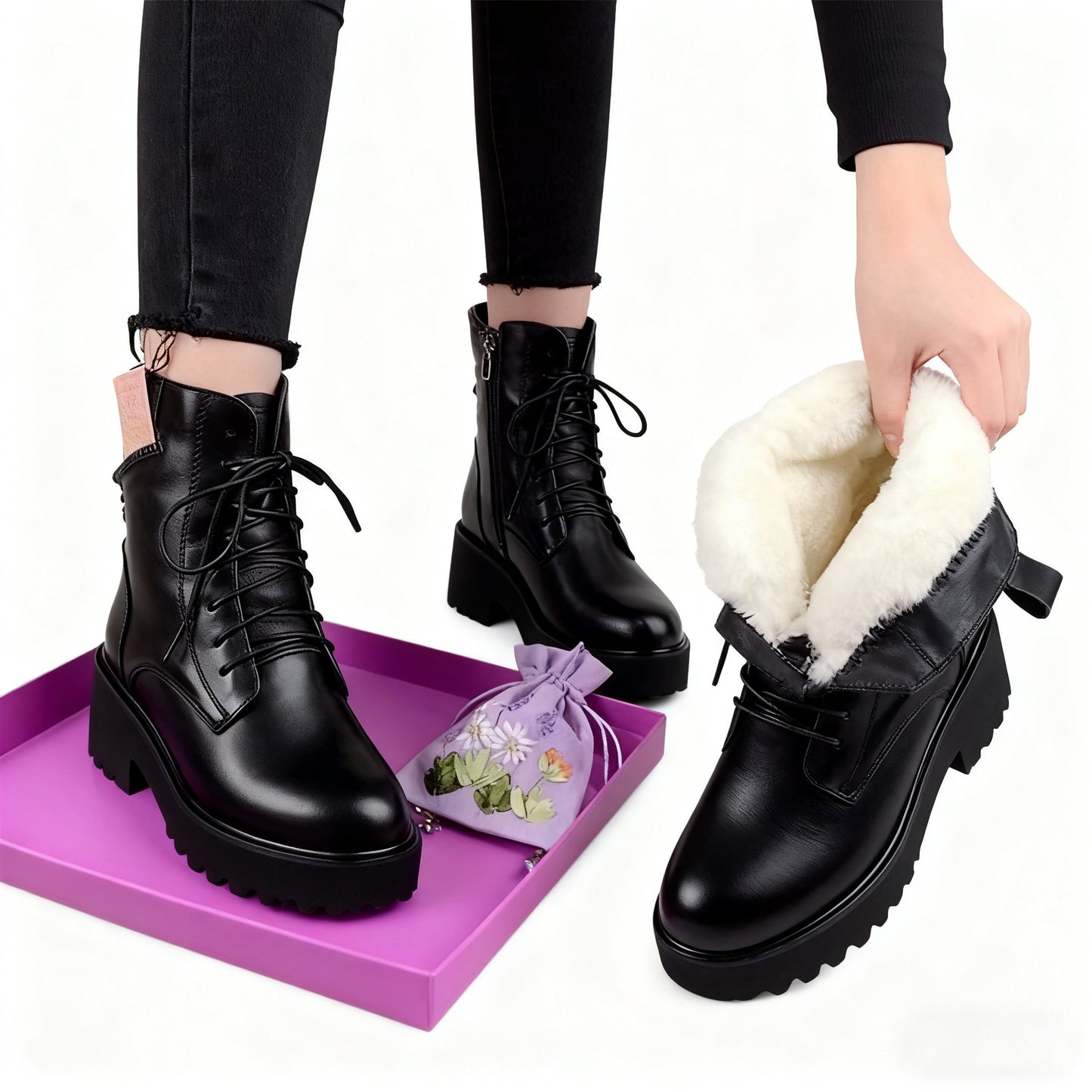 【35-41】2025 zima nowy styl pluszowa miękka skóra gruba podeszwa gruby obcas buty Martin