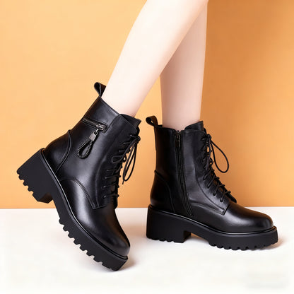 【35-41】2025 zima nowy styl pluszowa miękka skóra gruba podeszwa gruby obcas buty Martin